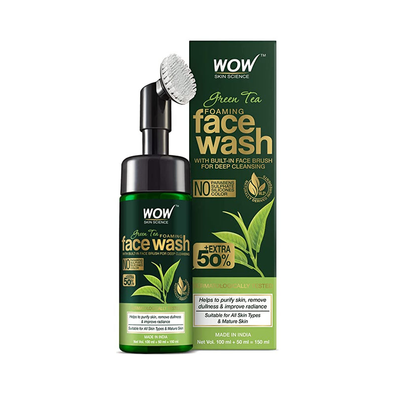 Shop WOW Green Tea Foaming Face Wash with Built-In Face Brush - With Green Tea & Aloe Vera Extract 100ml